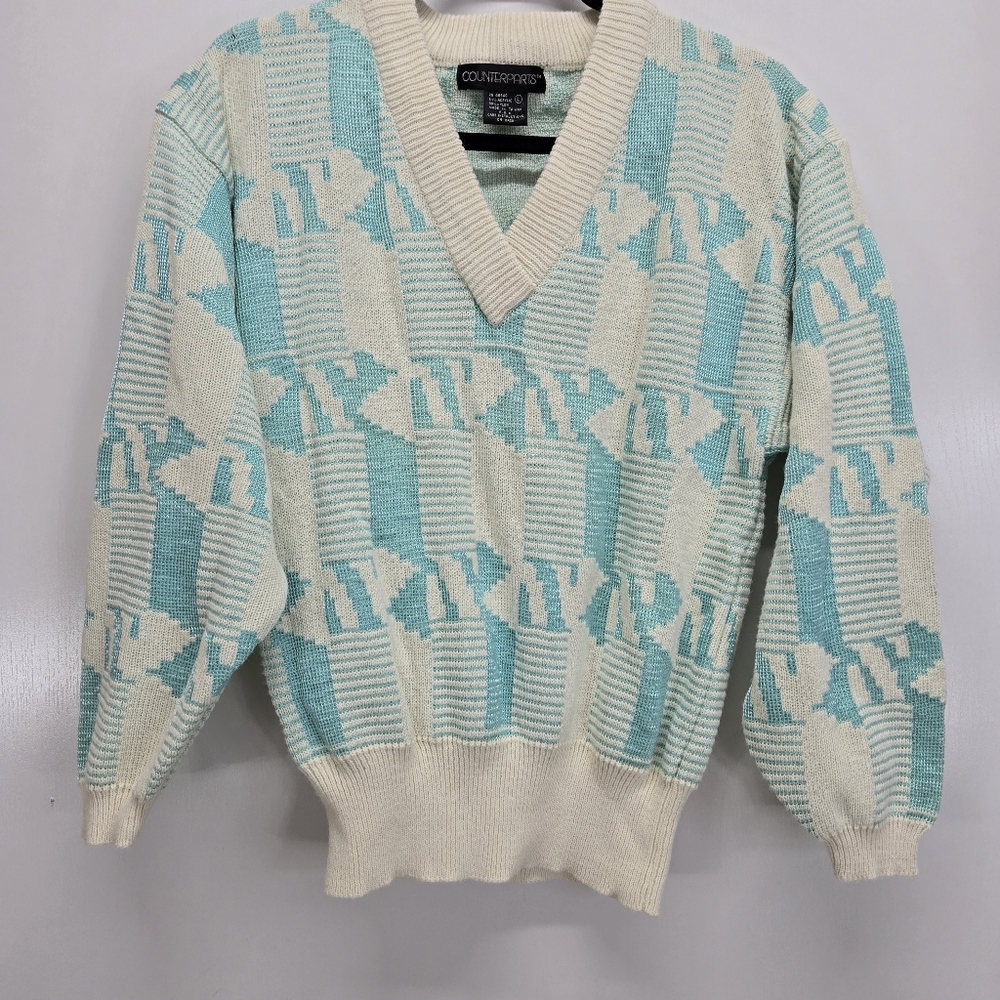 VTG Counterparts V-neck Knit Sweater Womans L Grometric Pattern Blue Ivory 80s